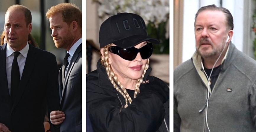 Composite photos of Princes William and Harry, Madonna and Ricky Gervais